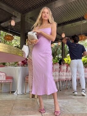 ASTR the Label Bonita Linen Midi Slip Dress Pink Peony S Summer Vacation Resort